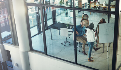 Aufkleber - Meeting, presentation and whiteboard with business people in workshop together for coaching or planning. Boardroom, seminar and training with speaker talking to colleague team in office from above