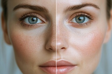 Aufkleber - Transformation of a womans face showing age on one side and youth on the other. Generative AI