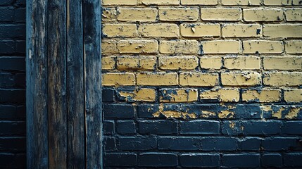 Poster - Weathered brick wall with peeling yellow and dark blue paint, showing aged wood.