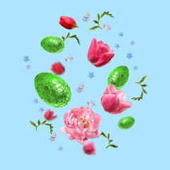 Sticker - Chocolate eggs wrapped in bright foil and beautiful spring flowers in air on light blue background