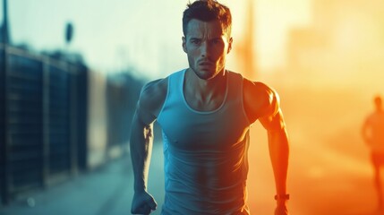 Poster - Runner transforms from tired novice to strong victor at the finish line during a race under bright outdoor sunlight. Generative AI