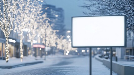 Poster - Blank billboard lighting up snowy city street at dusk during winter
