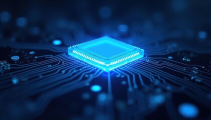 Poster - Glowing Blue Microchip on Circuit Board: High-Tech Innovation
