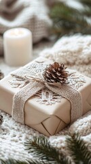 Wall Mural - Christmas gift box decorated with pine cone and lit candle on cozy blanket