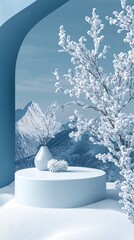 Aufkleber - Snowy branches, vase and decorative elements on a white podium in a winter landscape
