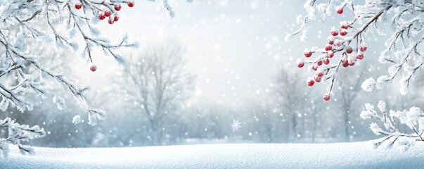 Aufkleber - snow falling on red berries and snowy branches in winter wonderland