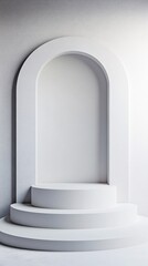 Fototapete - White arch and round podium on empty room creating minimalist showcase