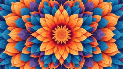 Poster - The artwork features a stunning display of petals in shades of orange blue and purple intricately arranged to form a mesmerizing symmetrical floral pattern that captivates the viewer.