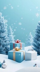 Poster - Christmas gifts lying on snow under falling snowflakes near snowy fir trees