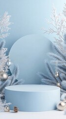 Aufkleber - Light blue christmas podium surrounded by snowy pine branches and silver ornaments displaying winter products