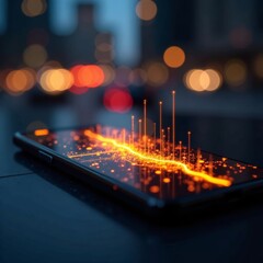Poster - A smartphone rests on a surface showcasing a vivid orange data visualization against a blurred urban background filled with colorful lights. The scene captures technology in city life.