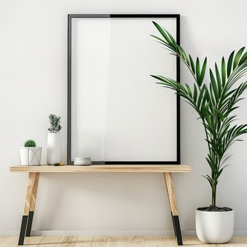 Blank poster frame mockup on wooden shelf with potted plants in white interior