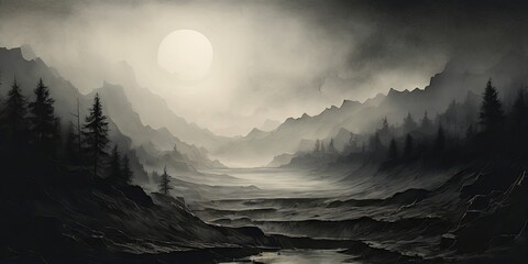 Poster - A mountain range with a large moon in the sky