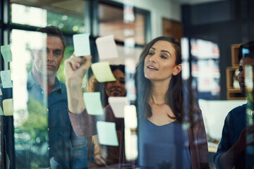 Aufkleber - Sticky notes, storyboard and writing with business people in office together for brainstorming. Collaboration, meeting and training on glass with colleague group in workplace for strategy discussion