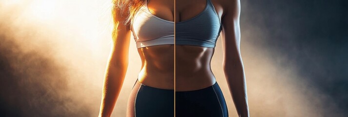 Poster - Transformation of a womans body showcasing the journey from slightly overweight to toned and fit in a fitness studio setting. Generative AI