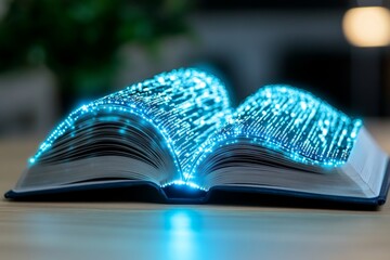 Aufkleber - Large Open Book with Glowing Pages Surrounded by Digital Icons Representing Digital Learning and Technology