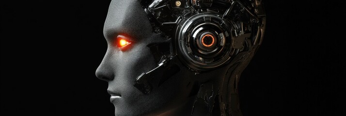Leinwandbilder - Side profile of a human head showcasing advanced mechanical structures, glowing robotic eye, and impressive cybernetic enhancements. Generative AI