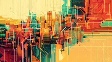 Poster - A high-tech city emerging from a colorful circuit board, illustrating data flow and connectivity.