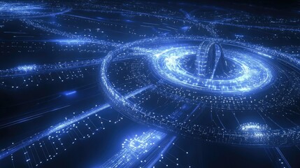 Poster - A high-tech visualization of network connections and modern communication symbols in blue tones.