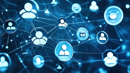 Poster - A high-tech visualization of network connections and modern communication symbols in blue tones.