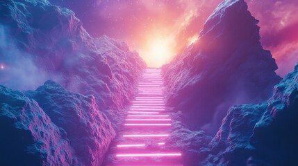 Fototapete - A hyper-realistic career progression scene with a neon-lit success path ascending towards a bright summit.