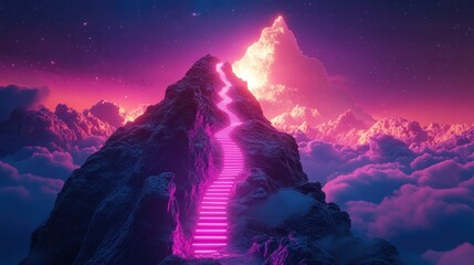 Fototapete - A hyper-realistic career progression scene with a neon-lit success path ascending towards a bright summit.