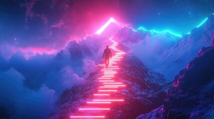 Fototapete - A hyper-realistic career progression scene with a neon-lit success path ascending towards a bright summit.