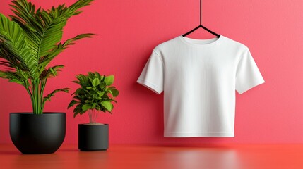 Wall Mural - White T-shirt Hanging on Hanger Against Pink Wall with Plants