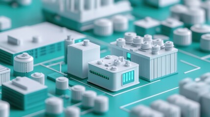 A close-up view of a miniature city layout featuring various white buildings and structures on a teal background.