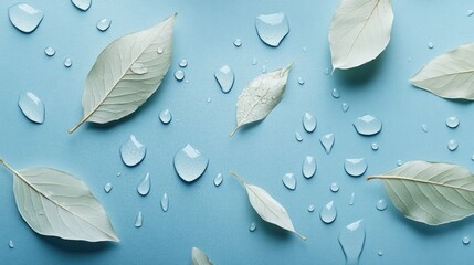 Aufkleber - A natural-themed image featuring delicate leaves with water droplets and a calming blue backdrop.