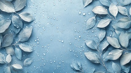 Aufkleber - A natural-themed image featuring delicate leaves with water droplets and a calming blue backdrop.