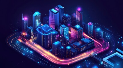 Poster - A neon-lit smart city with data streams and secure digital networks ensuring sustainability and safety.