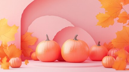 Wall Mural - Pumpkins and autumn leaves creating a festive fall scene on pink background