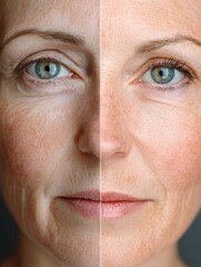 Aufkleber - Transformation of aging skin to youthful appearance through skincare techniques and treatments in a split view comparison. Generative AI