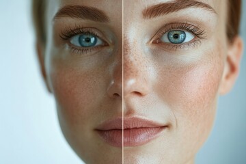 Leinwandbilder - Comparison of youthful and aged skin showing visible wrinkles on one side and smooth skin on the other, highlighting beauty trends. Generative AI