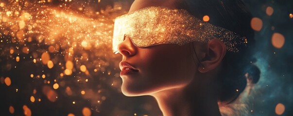 Aufkleber - Woman experiencing virtual reality with futuristic glowing glasses