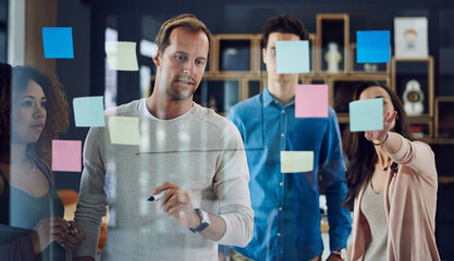 Poster - Businessman, planning or brainstorming with team in meeting on glass board for presentation or project. Male person, employees or training group with sticky note for schedule tasks or work delegation