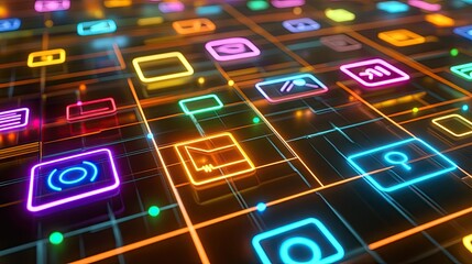 Poster - A conceptual digital technology scene with interconnected communication icons on a glowing grid.