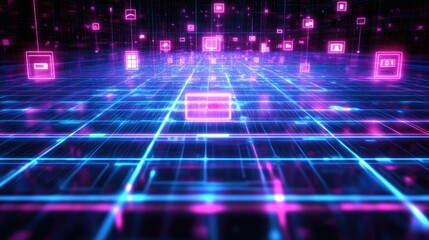 Poster - A conceptual digital technology scene with interconnected communication icons on a glowing grid.