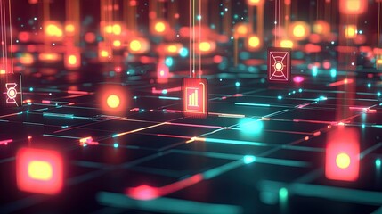Poster - A conceptual digital technology scene with interconnected communication icons on a glowing grid.