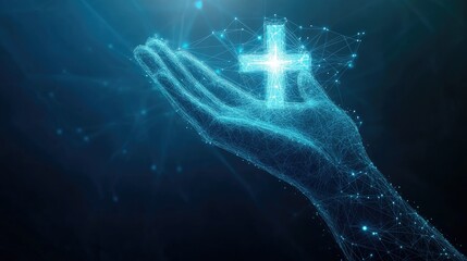 Poster - A conceptual image of digital health innovation, featuring a protective hand offering a glowing cross symbol.