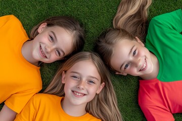 Portrait of cheerful kids lying together on grass at summer camp