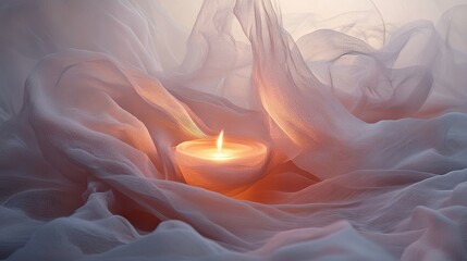 Poster - A fluid, artistic representation of sheer fabrics gracefully draping around a glowing centerpiece, symbolizing serenity.