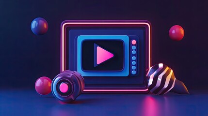 Poster - A futuristic 3D social media live stream icon in a cinema-style frame, representing digital entertainment.