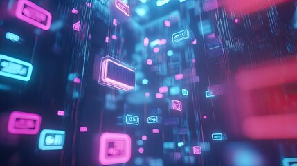 Poster - A futuristic abstract design with floating digital chat icons and a connected network grid.