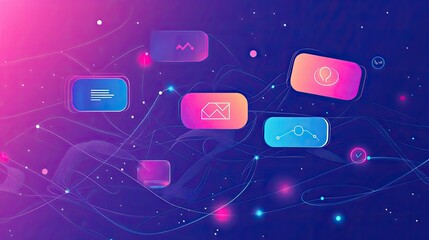 Poster - A futuristic abstract design with floating digital chat icons and a connected network grid.