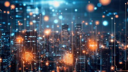 Poster - A futuristic cityscape with glowing circuit board pathways, symbolizing data visualization and technology.