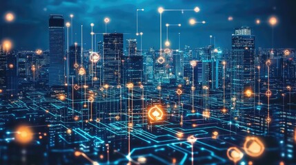 Poster - A futuristic cityscape with glowing circuit board pathways, symbolizing data visualization and technology.