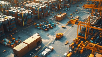 Poster - A futuristic depiction of global trade networks, with automated warehouses and supply chain hubs.