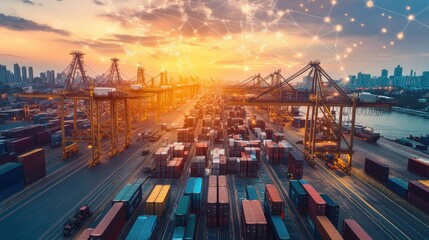 Poster - A futuristic depiction of global trade networks, with automated warehouses and supply chain hubs.